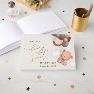 Baby Bear, Brown Balloons, First Birthday Guest Book