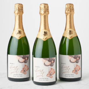Baby Bear, Brown Balloons, First Birthday Sparkling Wine Label