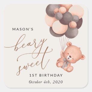 Baby Bear, Brown Balloons, First Birthday Square Sticker