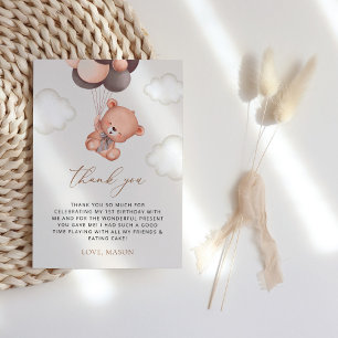 Baby Bear, Brown Balloons, First Birthday Thank You Card
