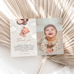 Baby Bear, Brown Balloons, First Birthday Thank You Card