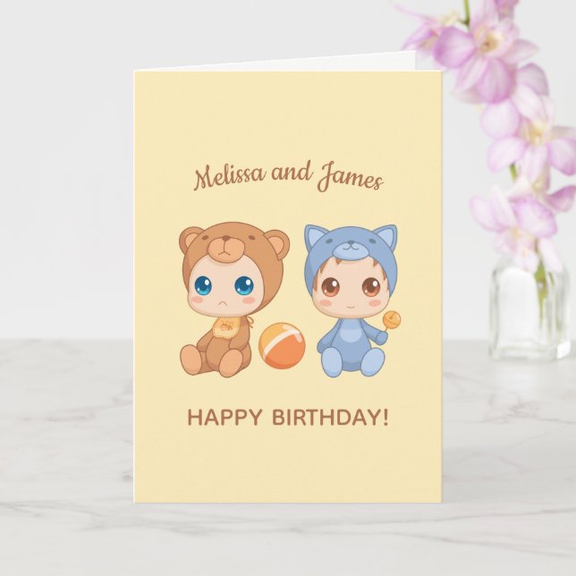 Baby Bear Cat Twins Birthday Yellow Blank Card (Orchid)