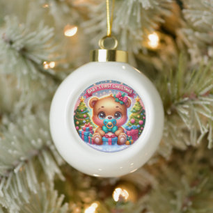 Baby Bear Christmas with Gift Decor Holiday Theme Ceramic Ball Christmas Ornament