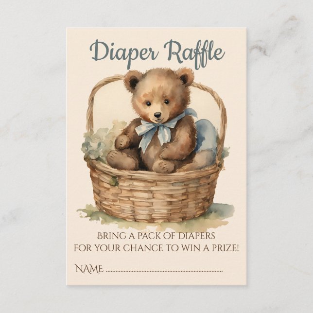 Baby Bear Cub Boy Baby Shower Diaper Raffle Enclosure Card (Front)