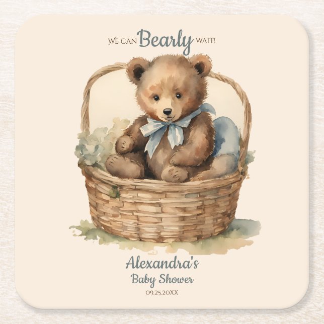 Baby Bear Cub Boys Baby Shower Square Paper Coaster (Front)