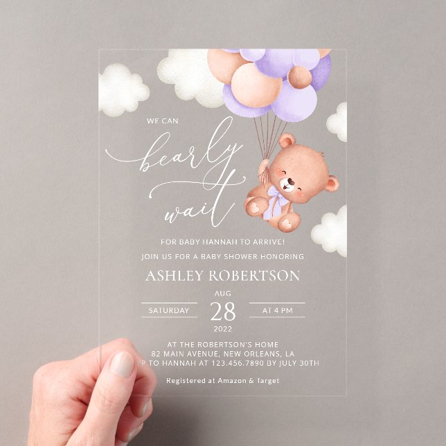 Baby Bear, Cute Bear, Purple Balloons, Baby Shower Acrylic Invitations (Insitu (Handheld))