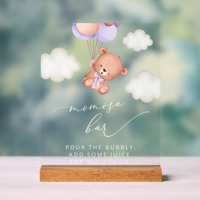 Baby Bear, Cute Bear, Purple Balloons, Momosa Bar Acrylic Sign (Neutral)