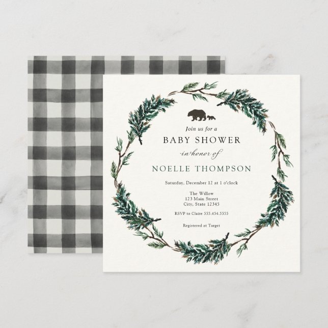 Baby Bear Evergreen Buffalo Plaid  Invitation (Front/Back)
