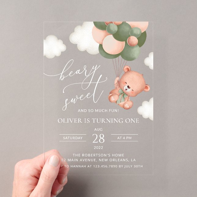 Baby Bear, Green Balloons, First Birthday Acrylic Invitations (Insitu (Handheld))