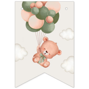 Baby Bear, Green Balloons, First Birthday Bunting Flags