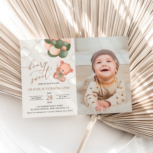 Baby Bear, Green Balloons, First Birthday Invitation (Creator Uploaded)