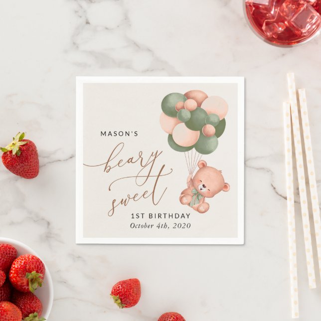 Baby Bear, Green Balloons, First Birthday Napkin (Insitu)