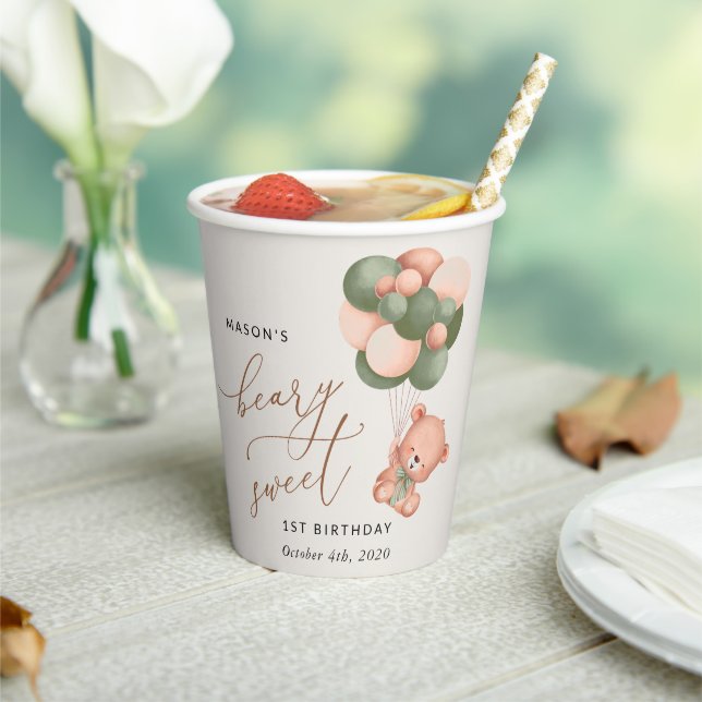 Baby Bear, Green Balloons, First Birthday Paper Cups (Insitu)