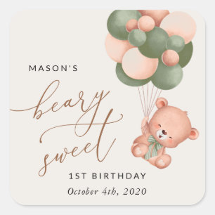 Baby Bear, Green Balloons, First Birthday Square Sticker