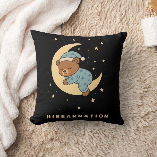 Baby Bear Hibernating on Moon Throw Pillow (Blanket)