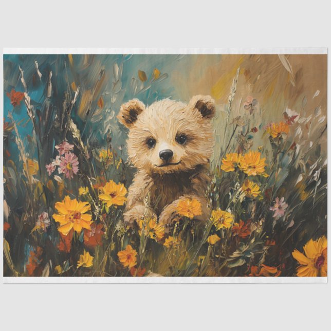 Baby Bear in a Wildflower Field Painting Decoupage Tissue Paper (Front)