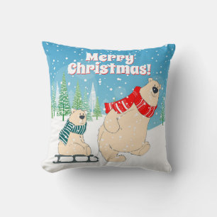 Baby Bear on Sled in Winter Snow a Christmas Throw Pillow