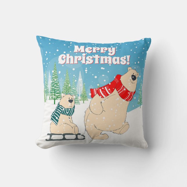 Baby Bear on Sled in Winter Snow a Christmas Throw Pillow (Front)