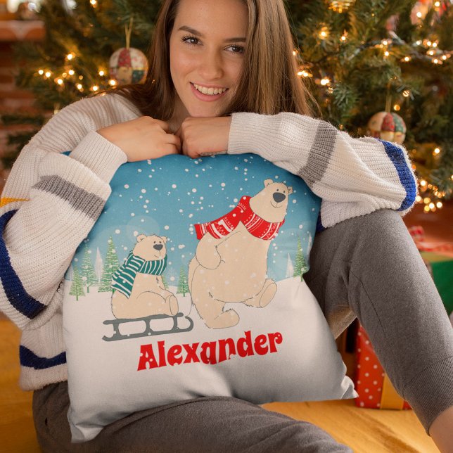 Baby Bear on Sled in Winter Snow a Festive Kids Throw Pillow (Creator Uploaded)