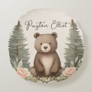 Baby Bear Pine Trees Round Pillow