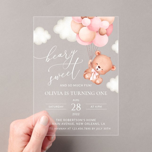 Baby Bear, Pink Balloons, First Birthday Acrylic Invitations (Insitu (Handheld))