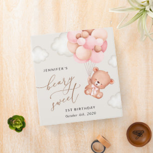 Baby Bear, Pink Balloons, First Birthday Binder