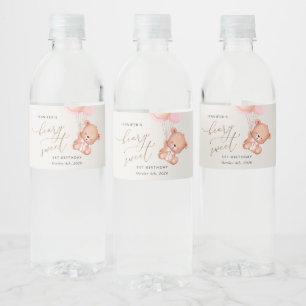 Baby Bear, Pink Balloons, First Birthday Water Bottle Label