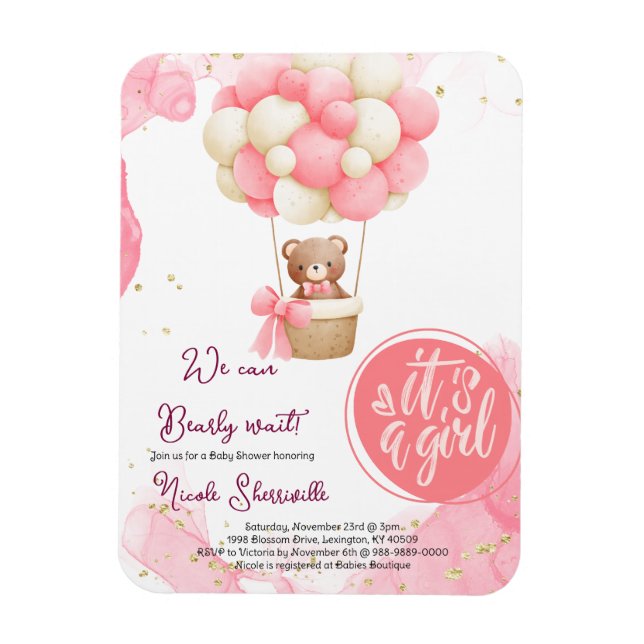 Baby Bear Pink Gold Hot Air Balloon Baby Shower Magnet (Vertical)