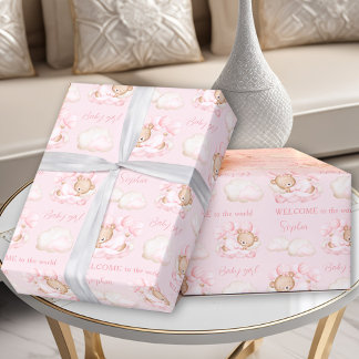 Baby Bear Pink Newborn Baby Girl Name Wrapping Paper