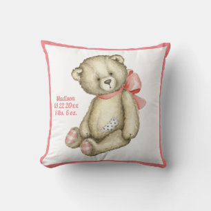 Baby Bear Pink Ribbon Watercolor Baby Girl Throw Pillow