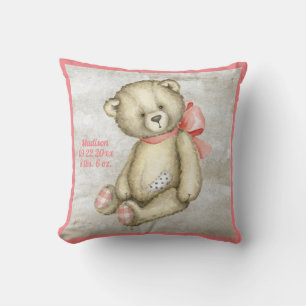Baby Bear Pink Ribbon Watercolor Baby Girl Vintage Throw Pillow