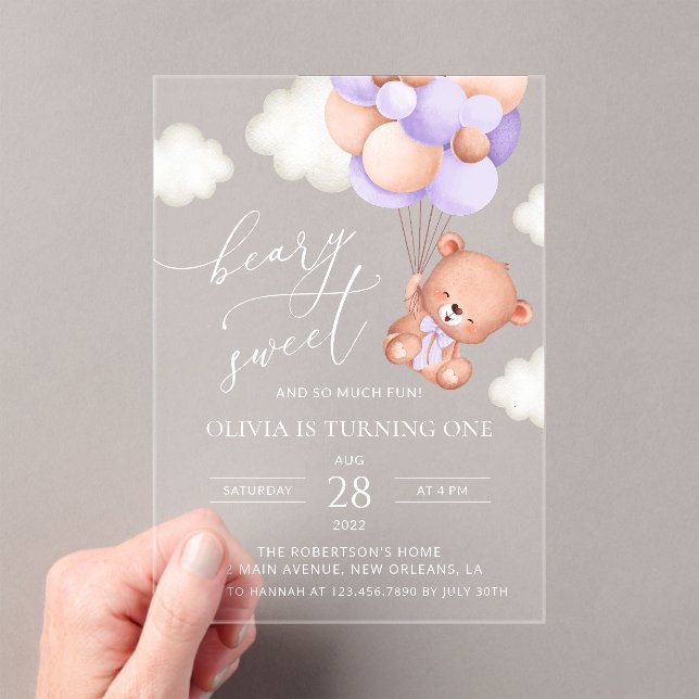 Baby Bear, Purple Balloons, First Birthday Acrylic Invitations (Insitu (Handheld))