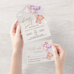 Baby Bear, Purple Balloons, First Birthday All In One Invitation