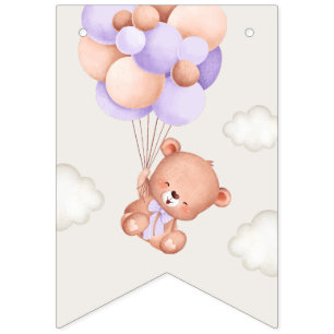 Baby Bear, Purple Balloons, First Birthday Bunting Flags