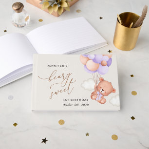 Baby Bear, Purple Balloons, First Birthday Guest Book