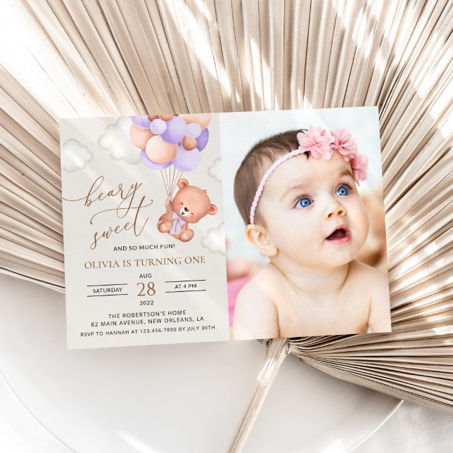Baby Bear, Purple Balloons, First Birthday Invitation (Creator Uploaded)