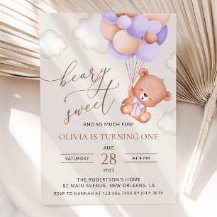 Baby Bear, Purple Balloons, First Birthday Invitation