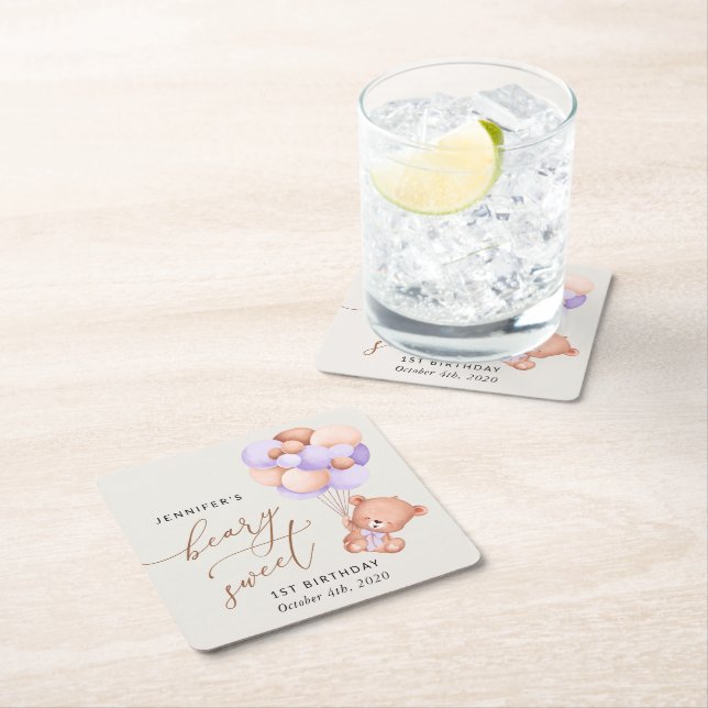 Baby Bear, Purple Balloons, First Birthday Square Paper Coaster (Insitu)