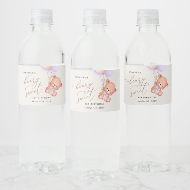 Baby Bear, Purple Balloons, First Birthday Water Bottle Label (Bottles)