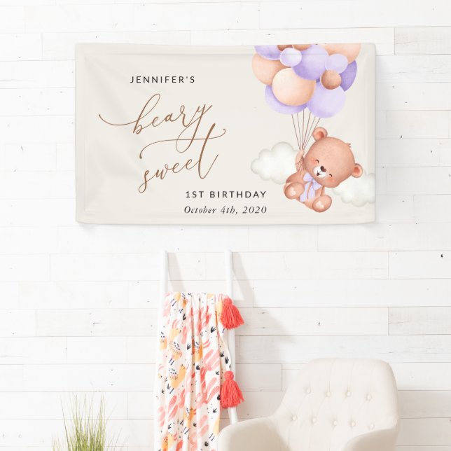 Baby Bear, Purple Balloons, First Birthday Welcome Banner (Insitu)