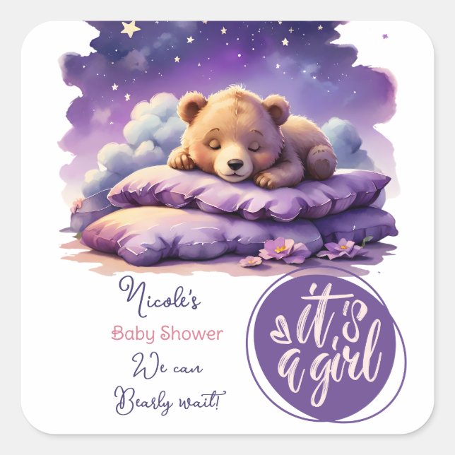 Baby Bear Sleeping Purple Galaxy Girl Baby Shower Square Sticker (Front)