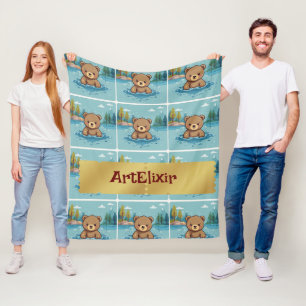 Baby Bear Swimming in a Pond Print Fleece Blanket