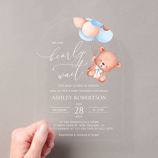 Baby Bear, Teddy Bear, Blue Balloons, Baby Shower Acrylic Invitations (Insitu (Handheld))
