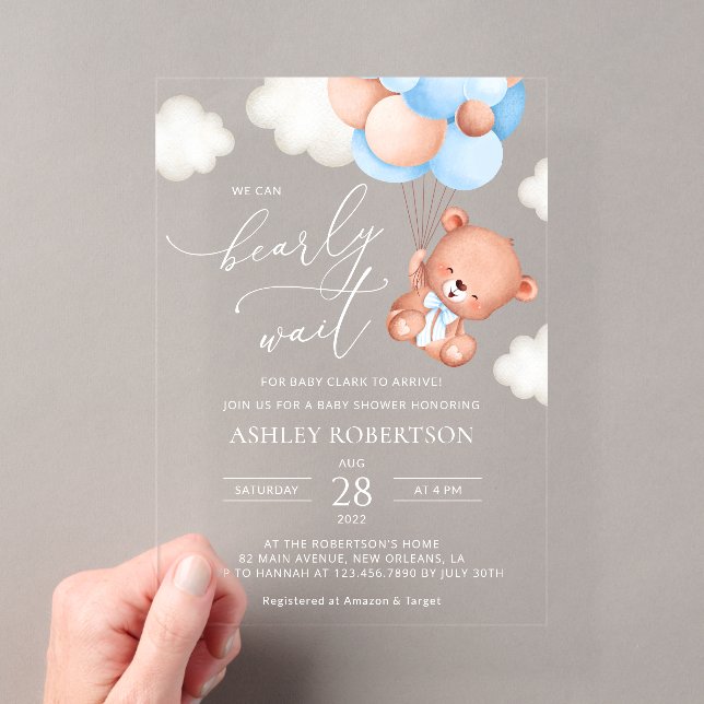 Baby Bear, Teddy Bear, Blue Balloons, Baby Shower Acrylic Invitations (Insitu (Handheld))