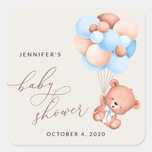 Baby Bear, Teddy Bear, Blue Balloons, Baby Shower Square Sticker (Front)