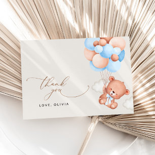 Baby Bear, Teddy Bear, Blue Balloons, Baby Shower Thank You Card