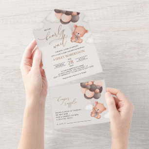 Baby Bear, Teddy Bear, Brown Balloons, Baby Shower All In One Invitation