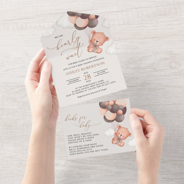 Baby Bear, Teddy Bear, Brown Balloons, Baby Shower All In One Invitation (Tearaway)