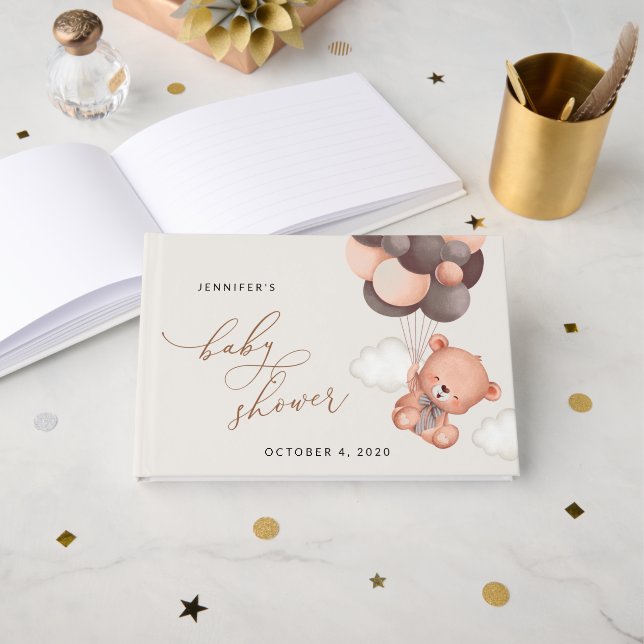 Baby Bear, Teddy Bear, Brown Balloons, Baby Shower Guest Book (Front Open)