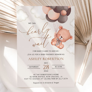 Baby Bear, Teddy Bear, Brown Balloons, Baby Shower Invitation